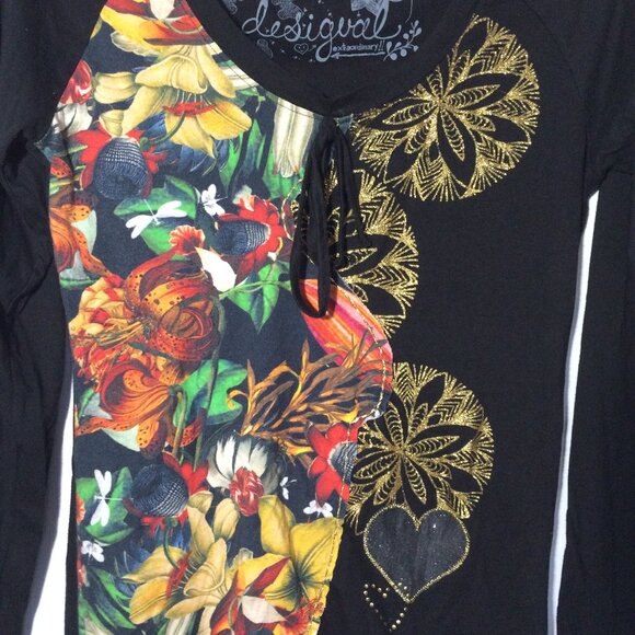 Desigual Womens Top Medium Black Multicolor Floral Print Glitter Long Sleeve - Picture 3 of 7